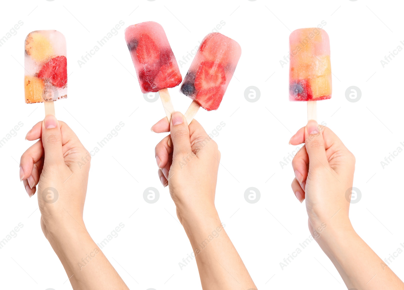 Image of Collage with photos of woman holding berry ice popsicles on white background, closeup