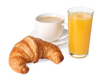 Photo of Delicious fresh croissant, cup with coffee and glass of orange juice isolated on white