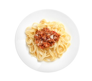 Photo of Plate with delicious pasta bolognese on white background, top view