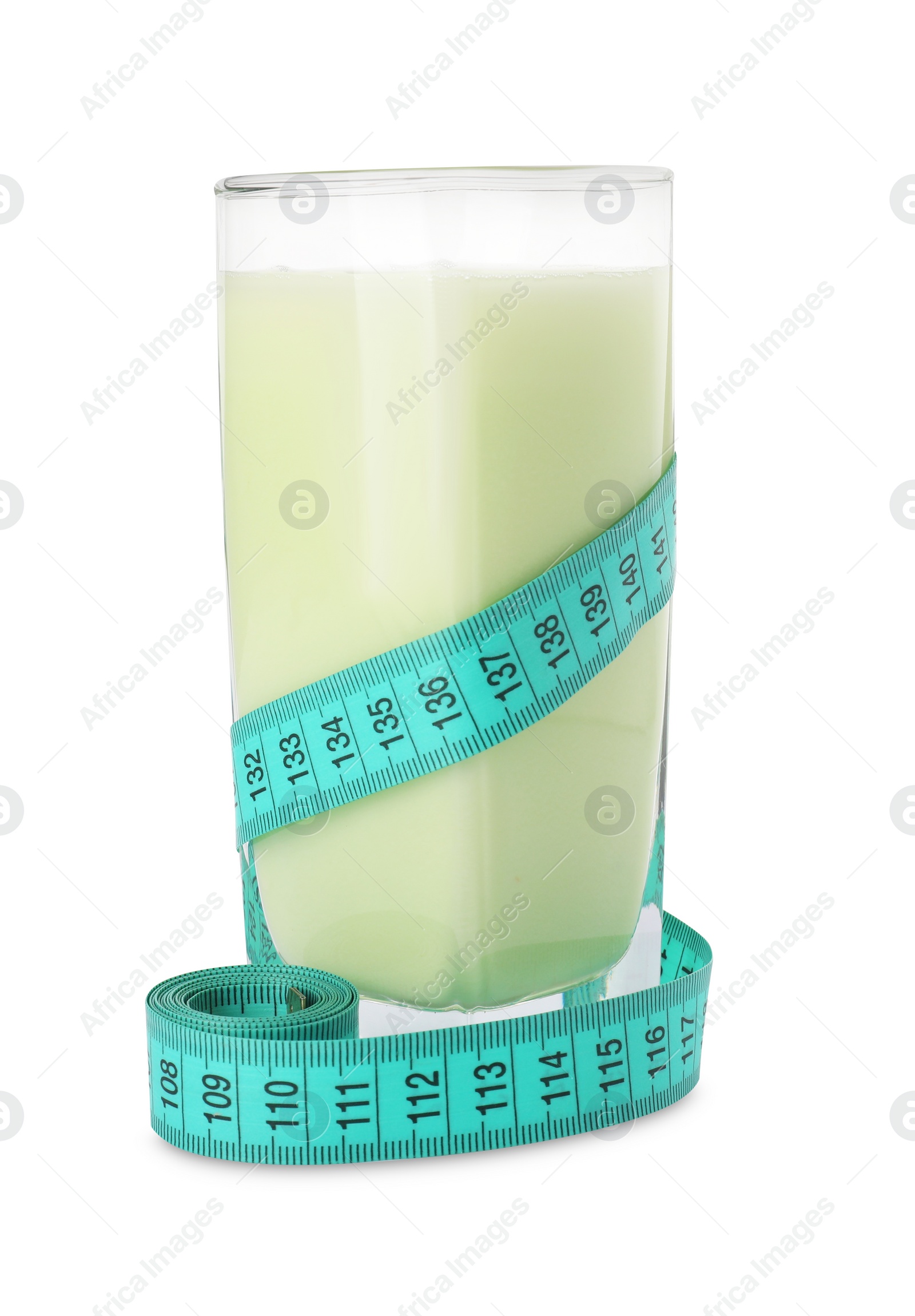 Photo of Tasty shake and measuring tape isolated on white. Weight loss