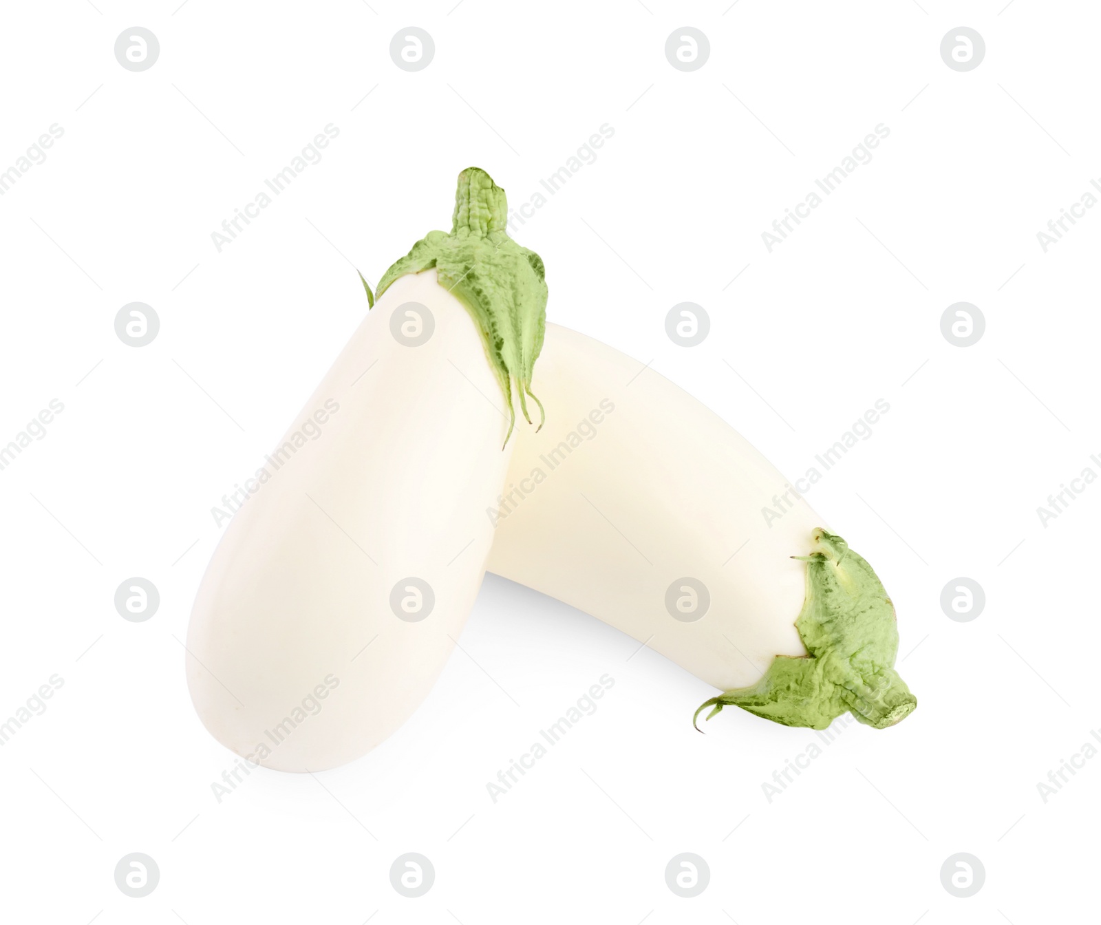 Photo of Two fresh white eggplants isolated on white