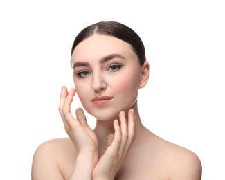 Makeup product. Woman with black eyeliner and beautiful eyebrows on white background