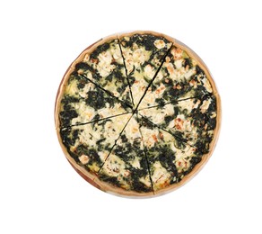 Delicious homemade spinach quiche isolated on white, top view