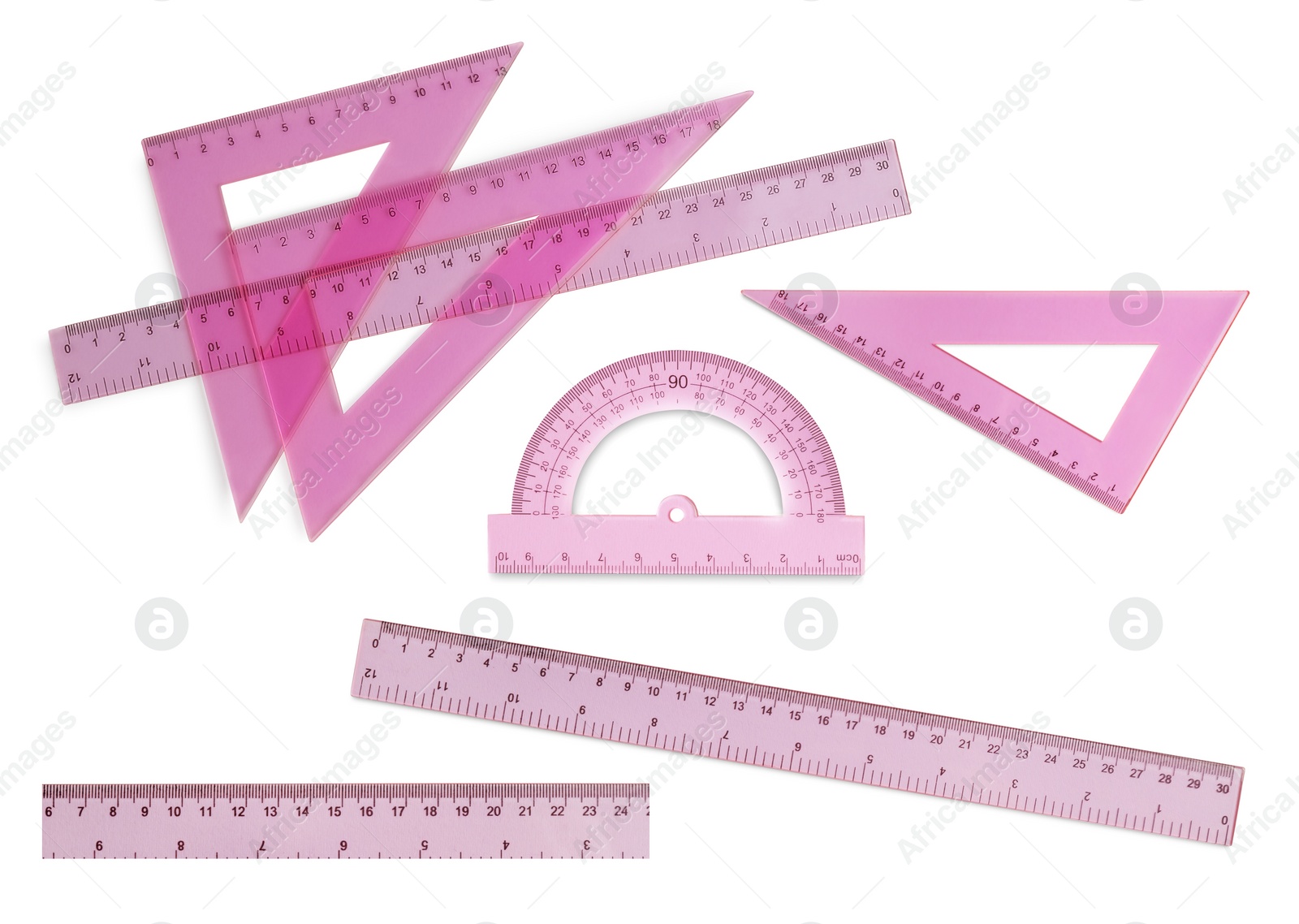 Image of Set with different rulers with measuring length markings in centimeters on white background