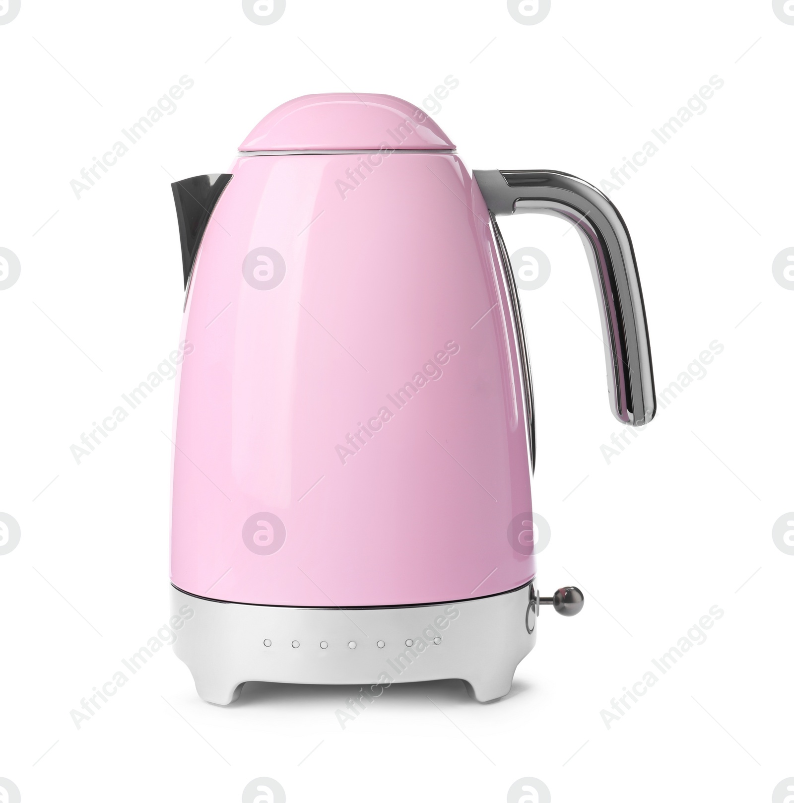 Photo of Modern pink electric kettle with base isolated on white