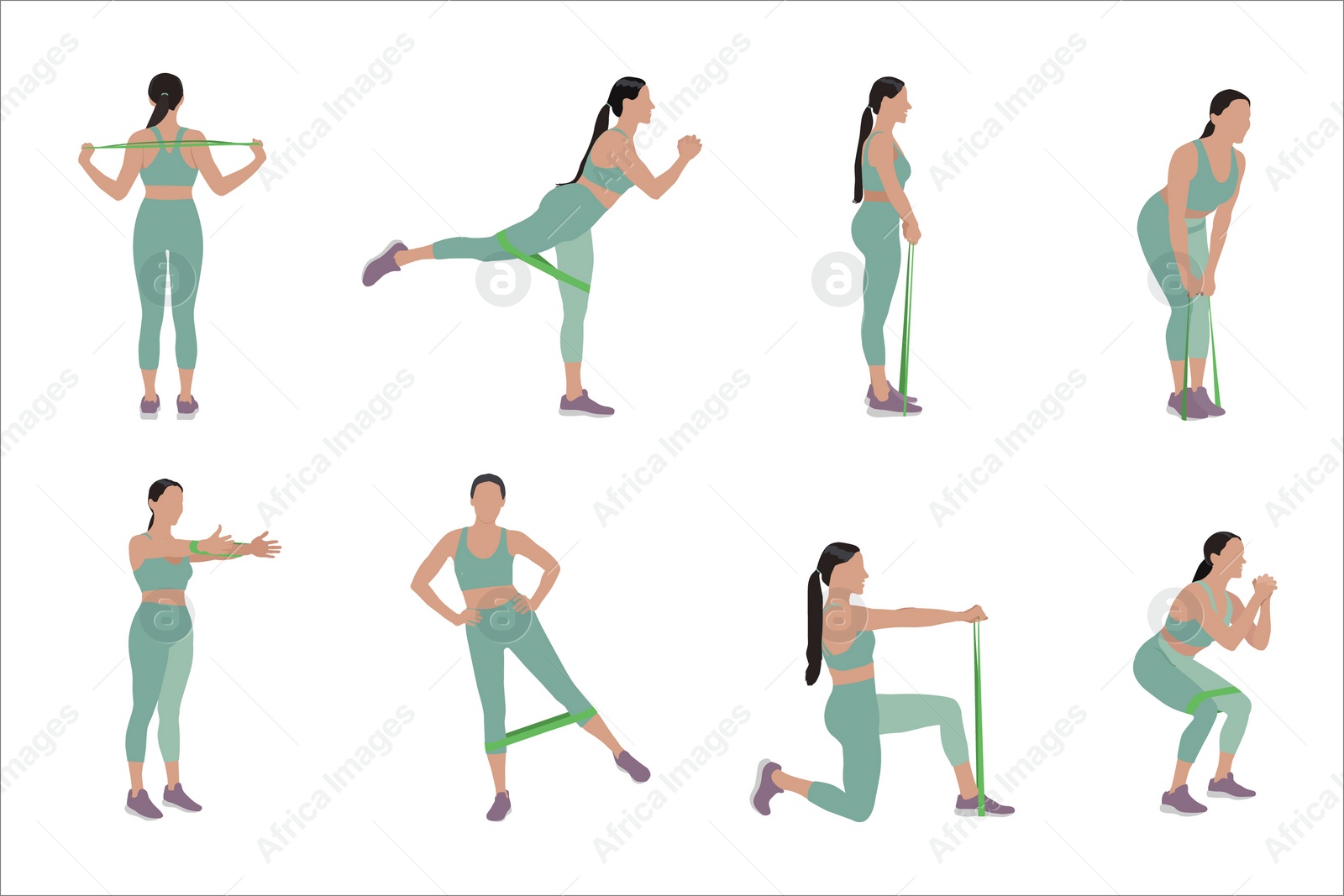 Illustration of Woman doing exercises with fitness elastic band on white background, collage