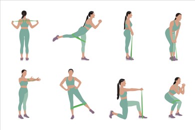 Illustration of Woman doing exercises with fitness elastic band on white background, collage