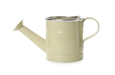 Beige metal watering can isolated on white