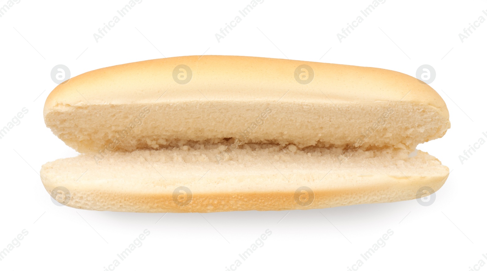 Photo of One fresh hot dog bun isolated on white, top view