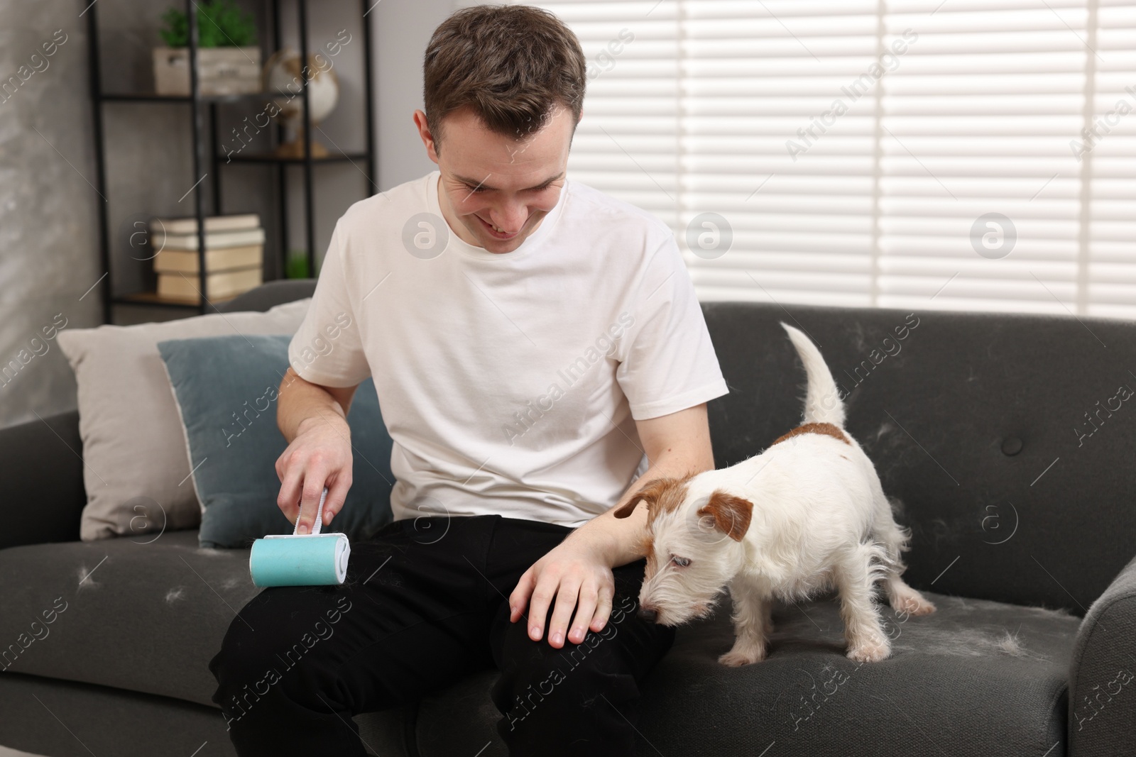 Photo of Pet shedding. Smiling man with lint roller removing dog's hair from pants at home