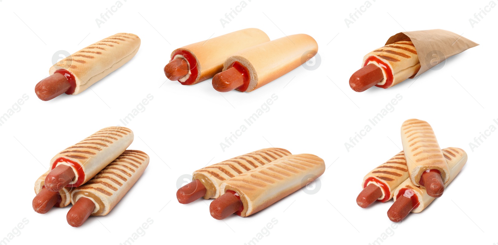 Image of Set of yummy French hot dogs with different sauces isolated on white