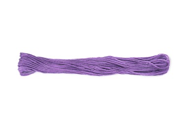 Photo of Bright violet embroidery thread on white background, top view