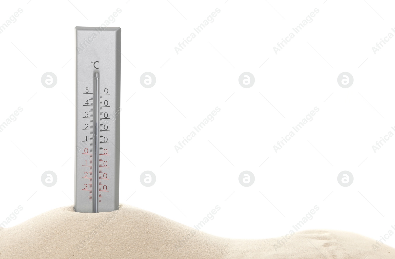 Photo of Weather thermometer in sand against white background