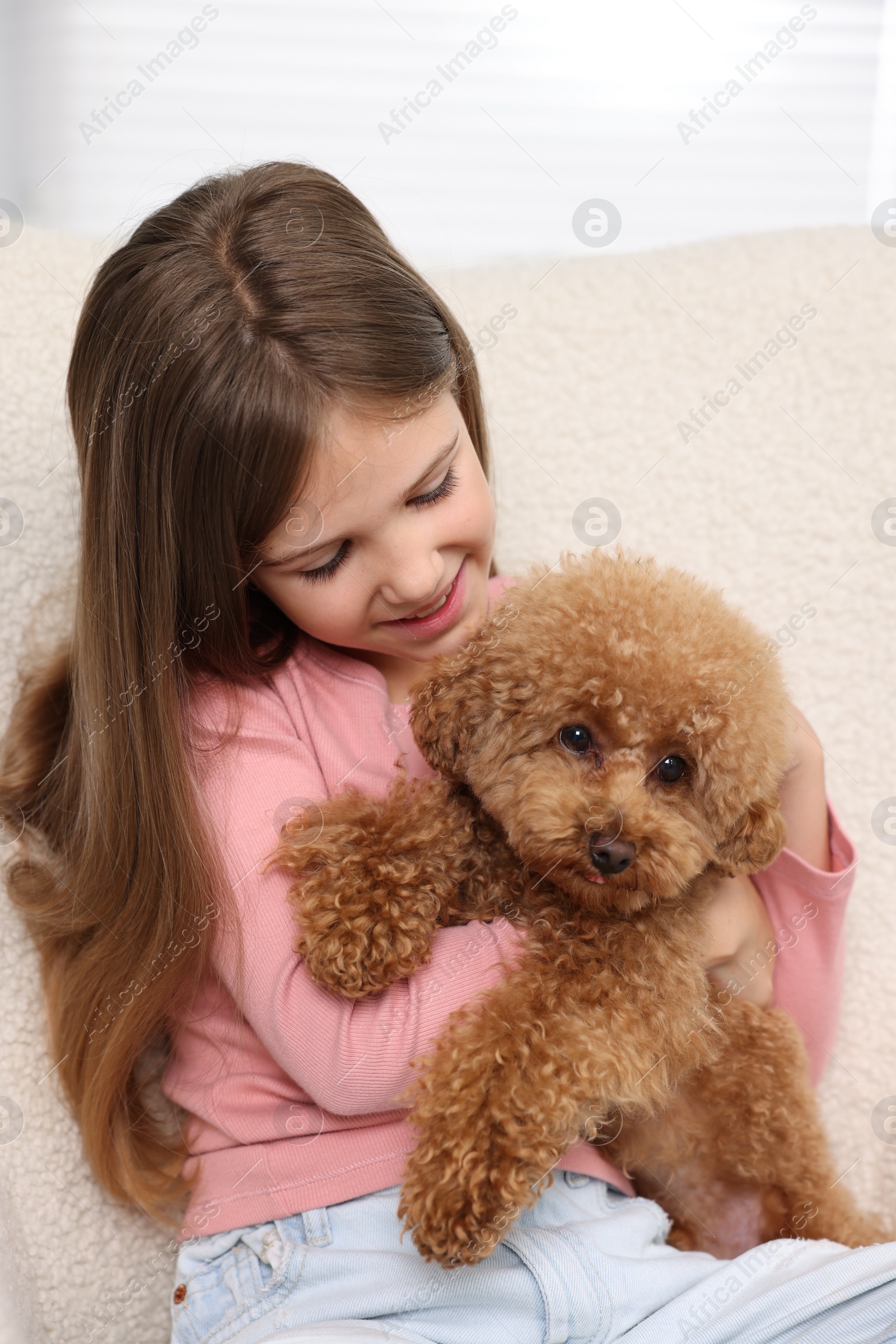 Photo of Little child with cute puppy in armchair. Lovely pet