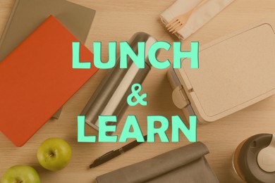 Image of Lunch and Learn concept. Flat lay composition with thermos, food and stationery on wooden table