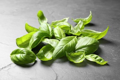 Photo of Pile of fresh basil leaves on grey table