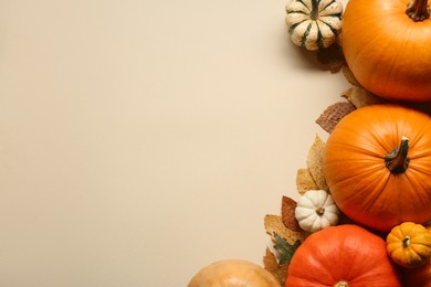 Thanksgiving day. Flat lay composition with pumpkins and different leaves on beige background, space for text