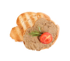 Photo of Fresh bread with delicious liver pate, rosemary and tomato on white background, top view