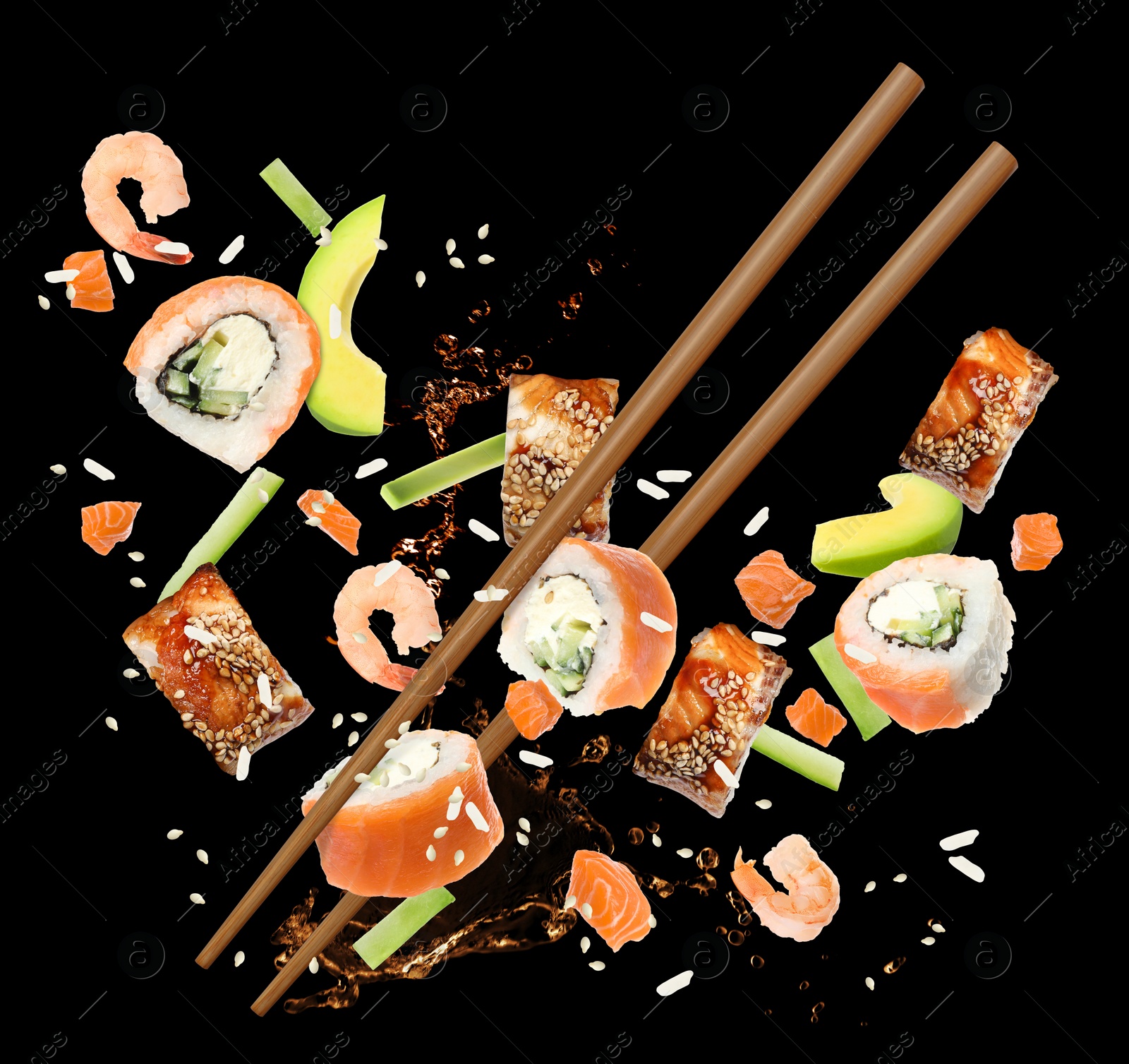 Image of Different sushi rolls and ingredients on black background