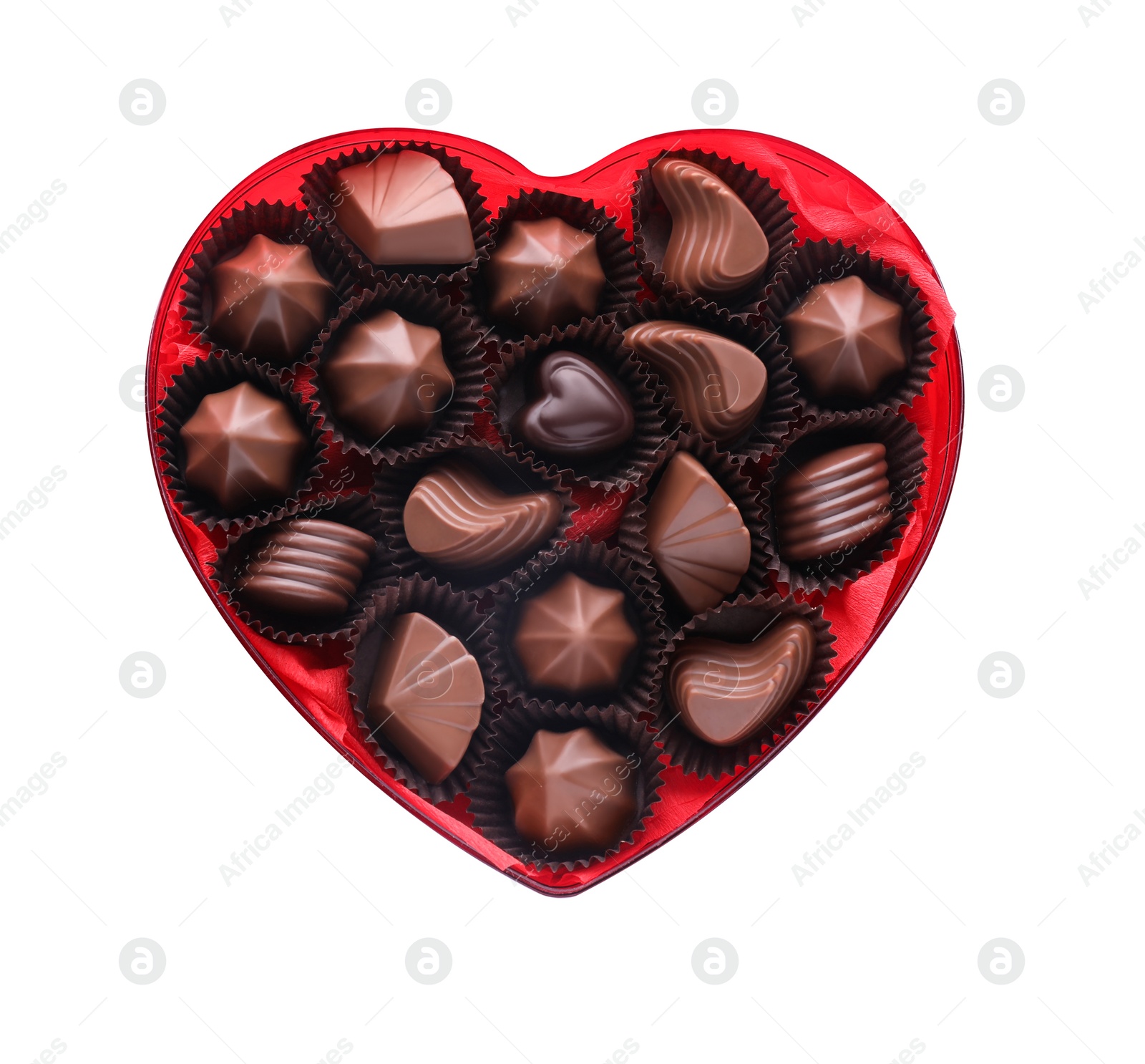 Photo of Heart shaped box with delicious chocolate candies on white background, top view