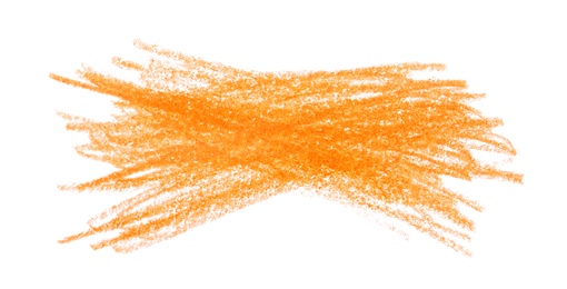 Photo of Orange pencil scribble on white background, top view