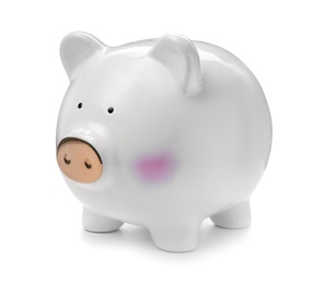 Cute piggy bank on white background. Money saving