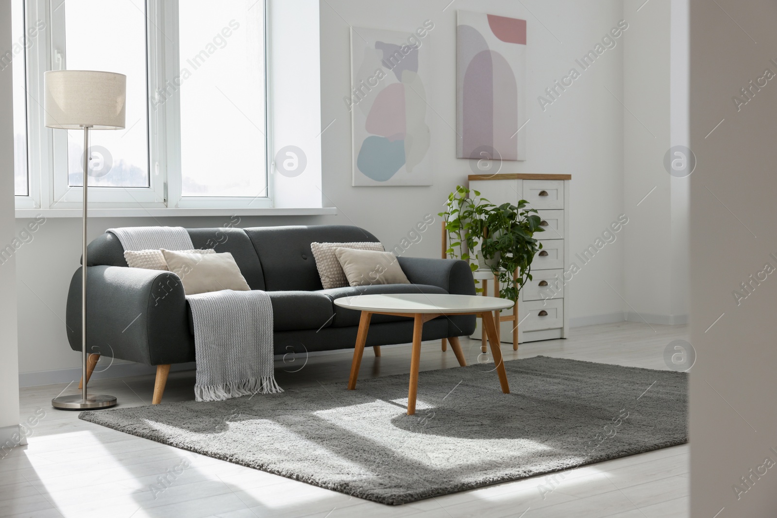 Photo of Stylish living room with gray couch, white coffee table and lamp. Interior design