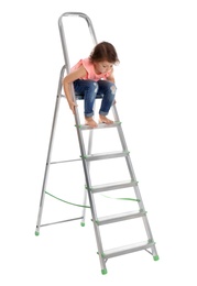 Photo of Little girl sitting on ladder on white background. Danger at home