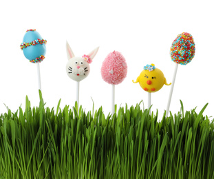 Photo of Different delicious cake pops for Easter celebration and grass on white background