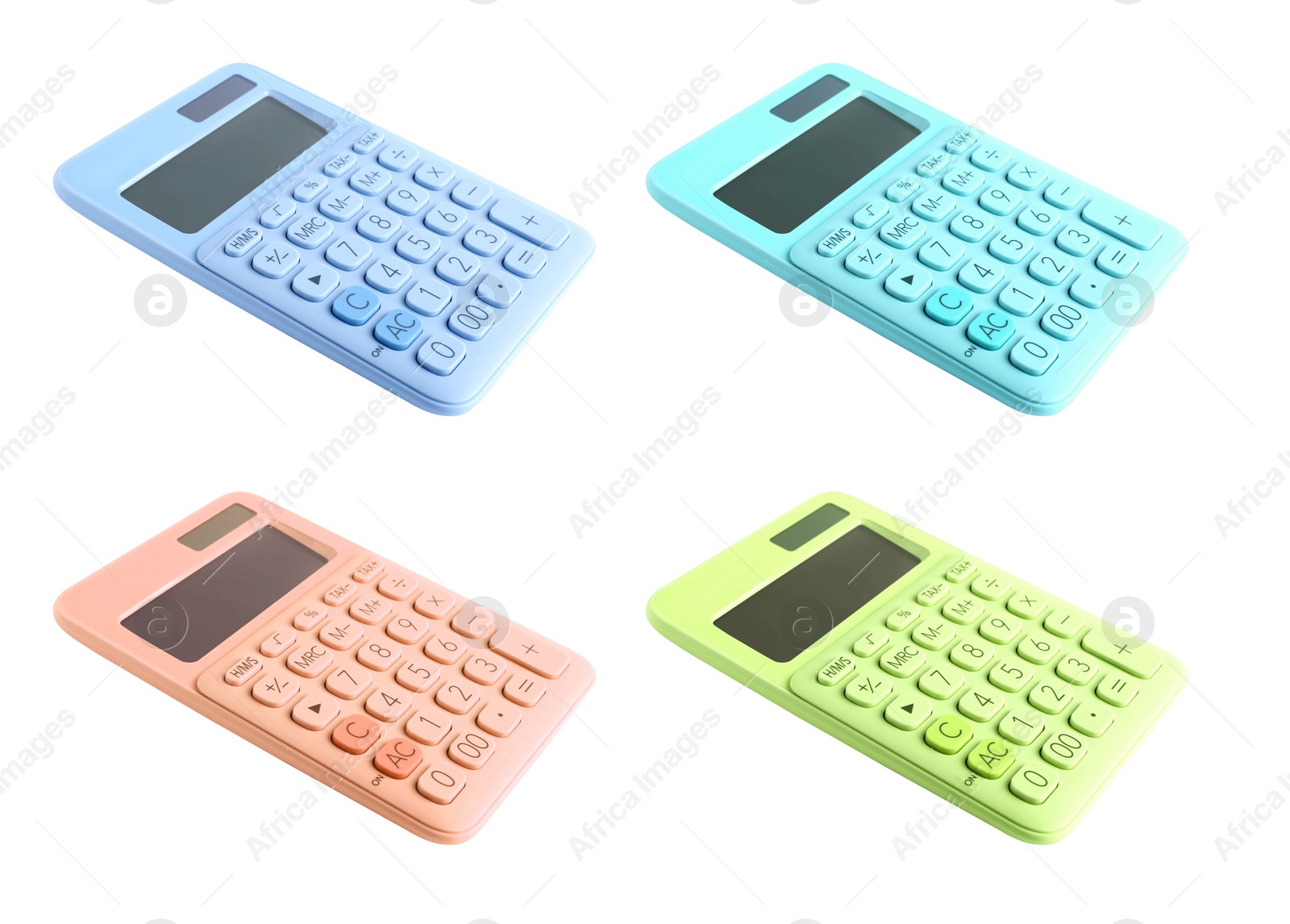 Image of Set of different calculators on white background