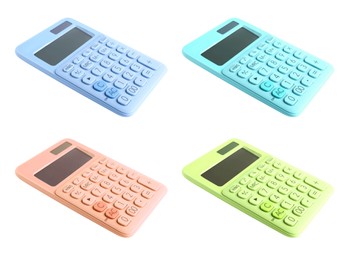 Image of Set of different calculators on white background