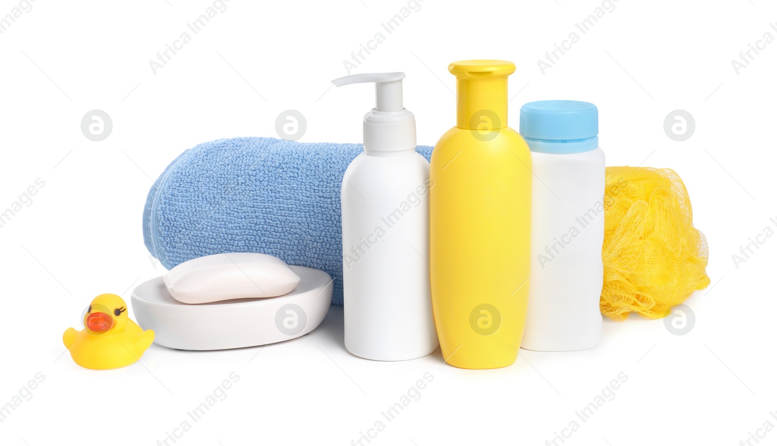 Photo of Baby cosmetic products, bath duck, sponge and towel isolated on white