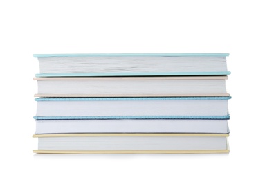 Photo of Stack of hardcover books on white background