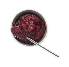 Photo of Delicious beetroot puree and spoon in bowl isolated on white, top view. Healthy food