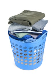 Plastic laundry basket with clean clothes isolated on white