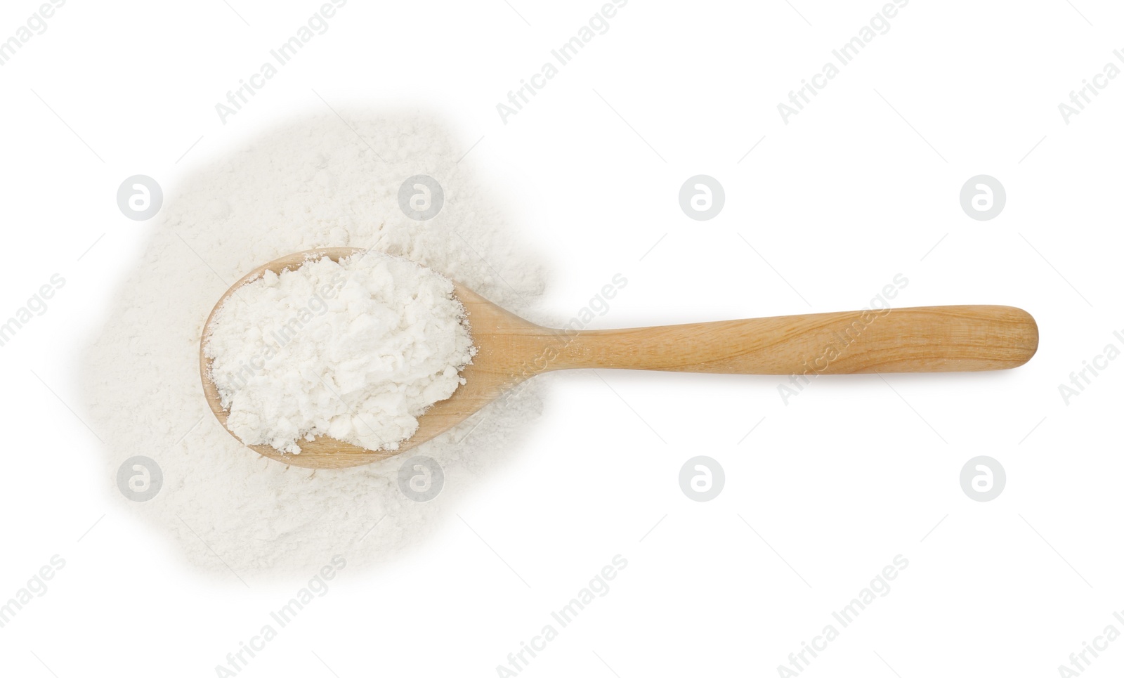 Photo of Baking powder in spoon isolated on white, top view