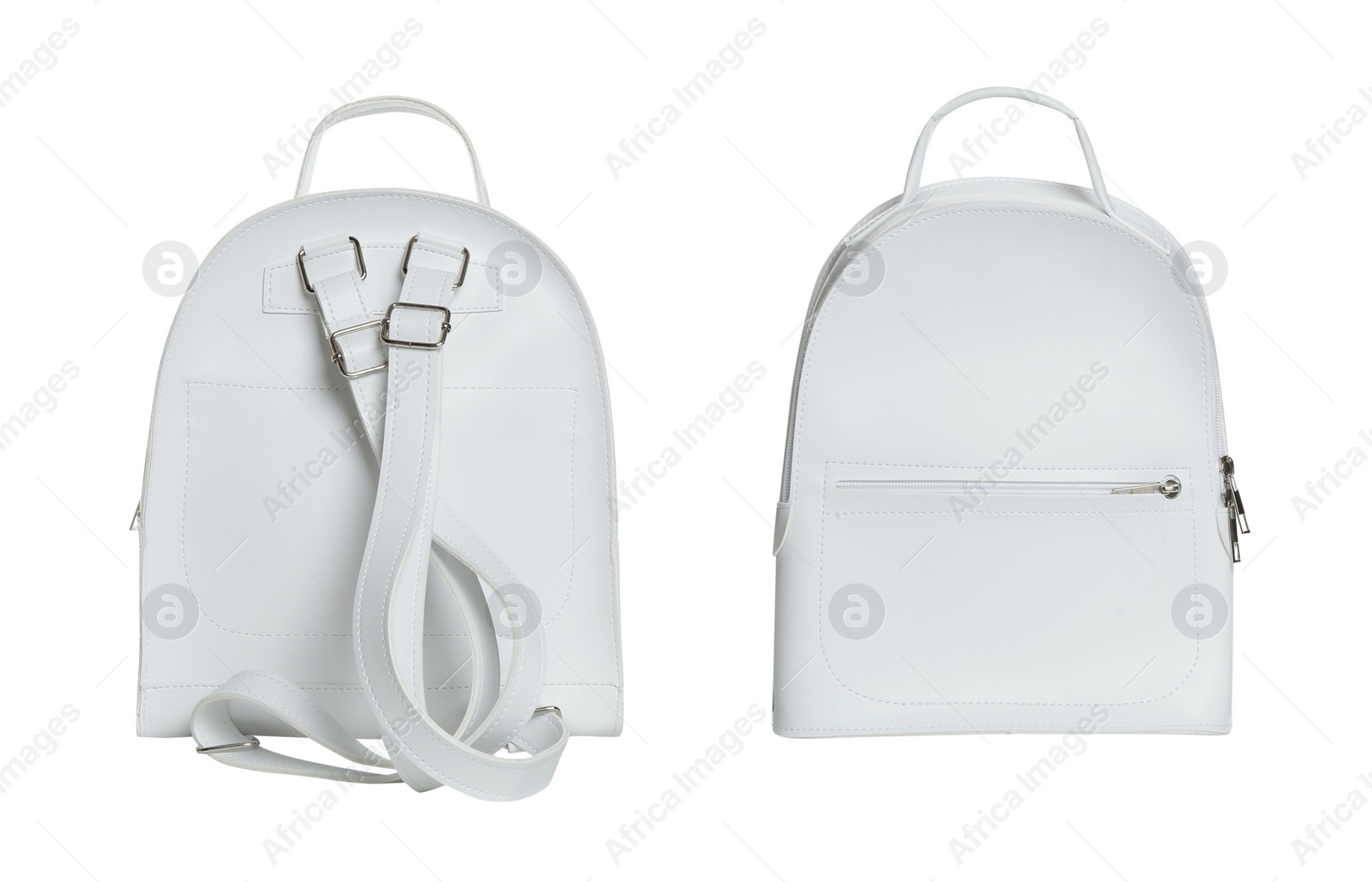 Image of Stylish leather backpacks on white background, collage