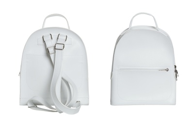 Image of Stylish leather backpacks on white background, collage