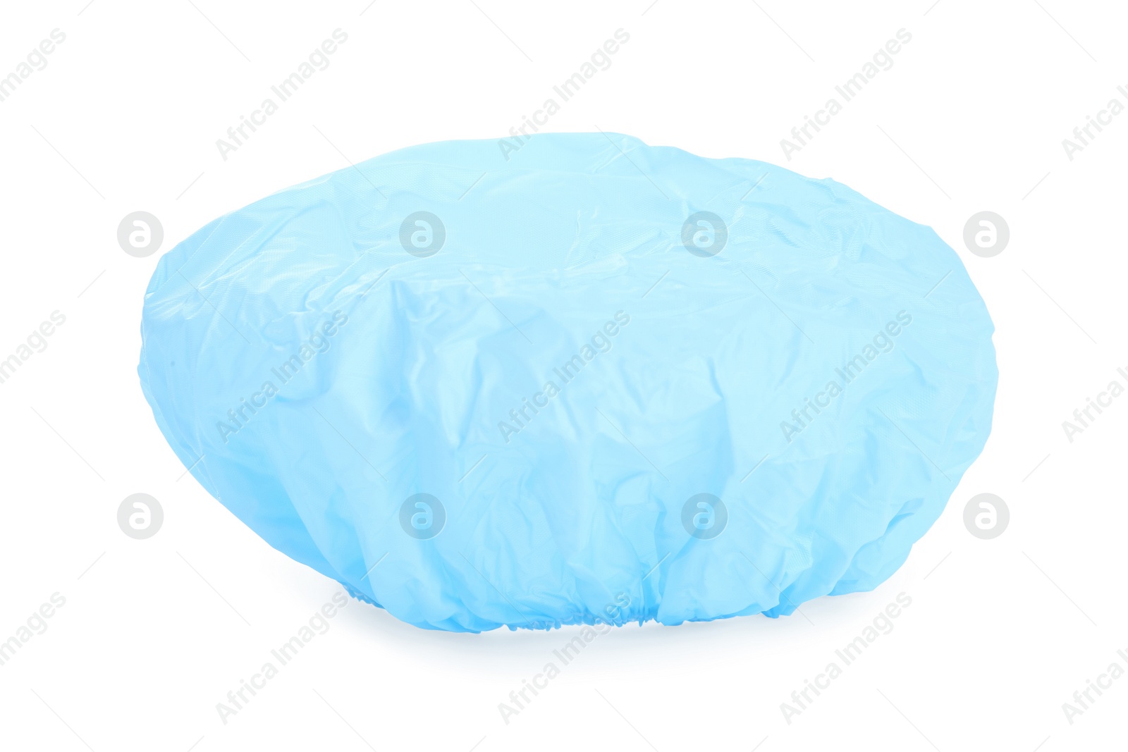 Photo of Light blue waterproof shower cap isolated on white