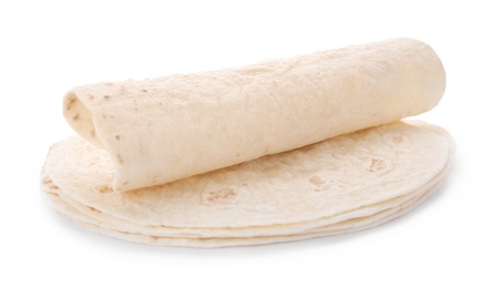 Photo of Corn tortillas on white background. Unleavened bread