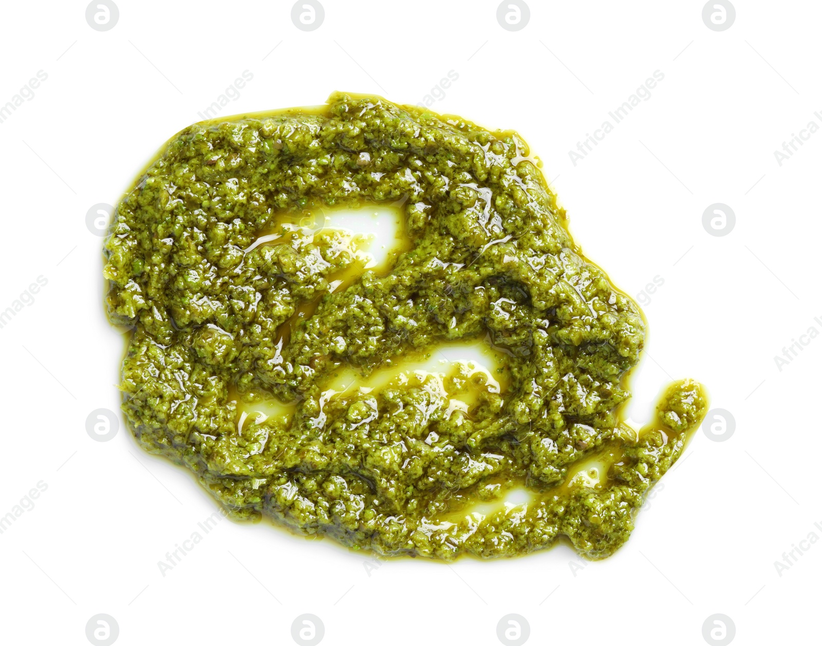 Photo of Sample of tasty pesto sauce isolated on white, top view