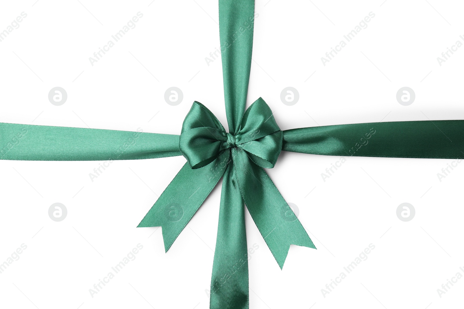 Photo of Green satin ribbon with bow isolated on white, top view