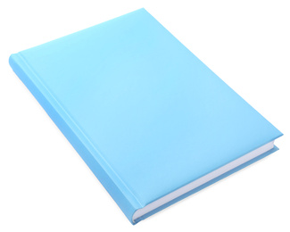 Photo of Stylish light blue notebook isolated on white