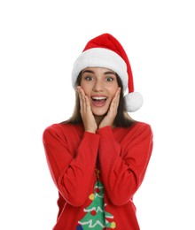 Photo of Happy woman in Santa hat on white background. Christmas countdown