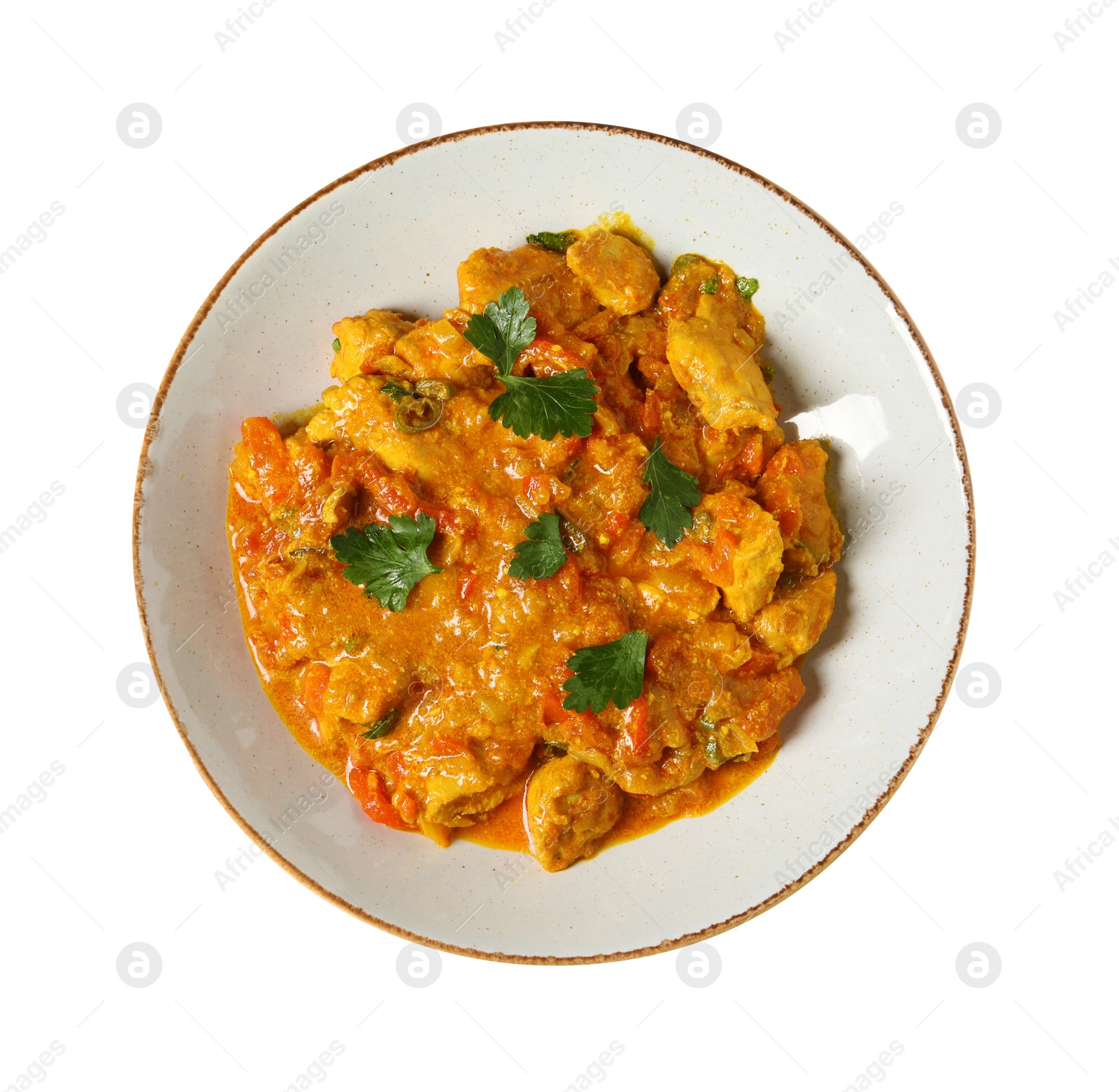 Photo of Delicious chicken curry isolated on white, top view