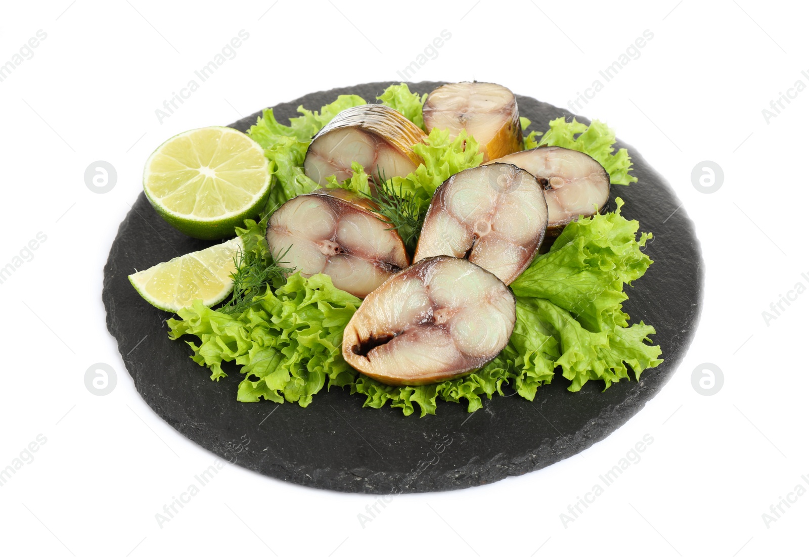 Photo of Slate plate with tasty smoked fish isolated on white