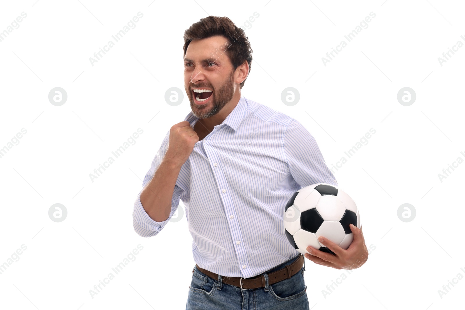 Photo of Emotional sports fan with soccer ball on white background