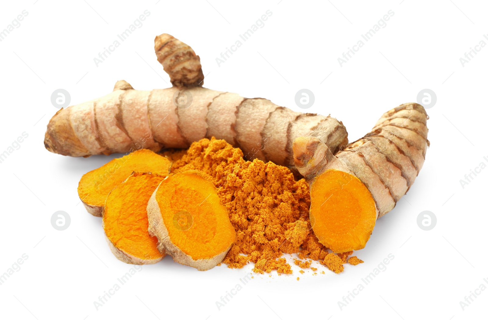 Photo of Aromatic turmeric powder and raw roots isolated on white