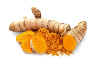 Photo of Aromatic turmeric powder and raw roots isolated on white