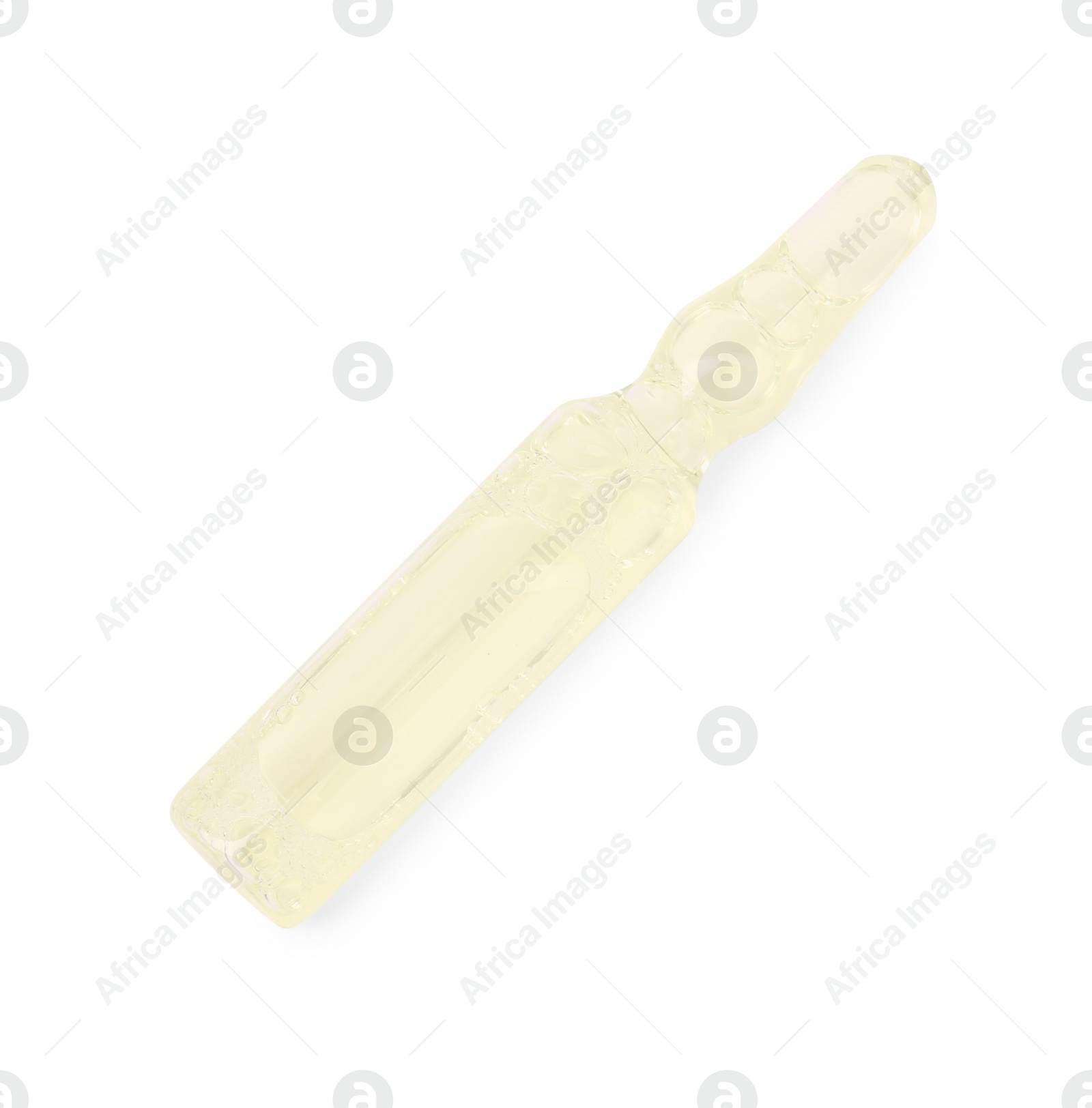 Photo of One glass ampoule with liquid isolated on white, top view